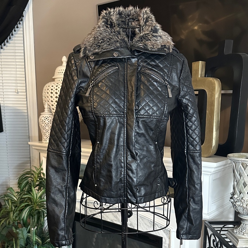 Jou Jou Black Leather Jacket with Faux Fur Collar